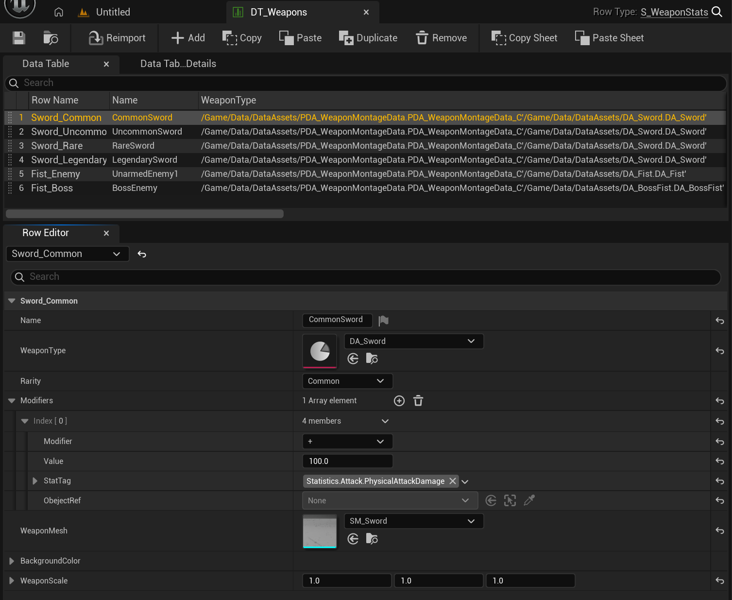 Data table with six weapon rows and the row editor showing weapon type, rarity, a stat modifier and mesh